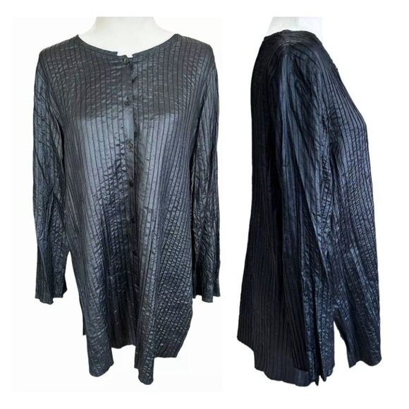 Eileen Fisher Women's Black 100% Silk Tussah Button Down Pintuck Blouse Medium - Picture 2 of 15